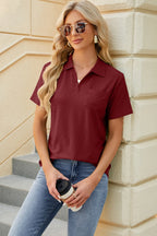 Pocketed Johnny Collar Short Sleeve Blouse (4)