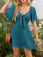 Smocked Back Knotted Flutter Sleeve Dress (20)