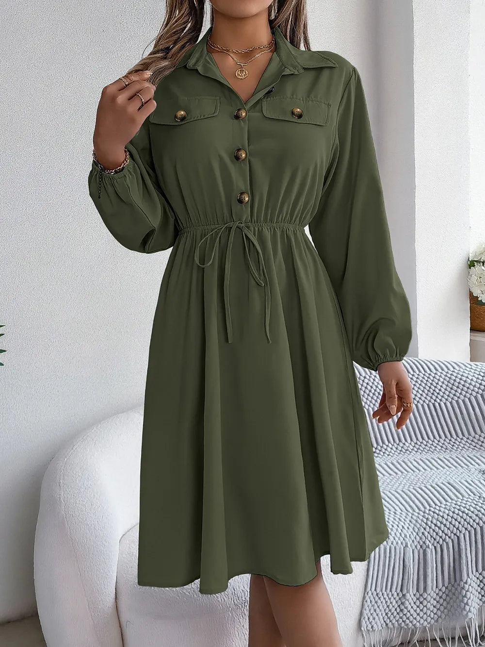 Collared Neck Long Sleeve Dress Pockets (30)