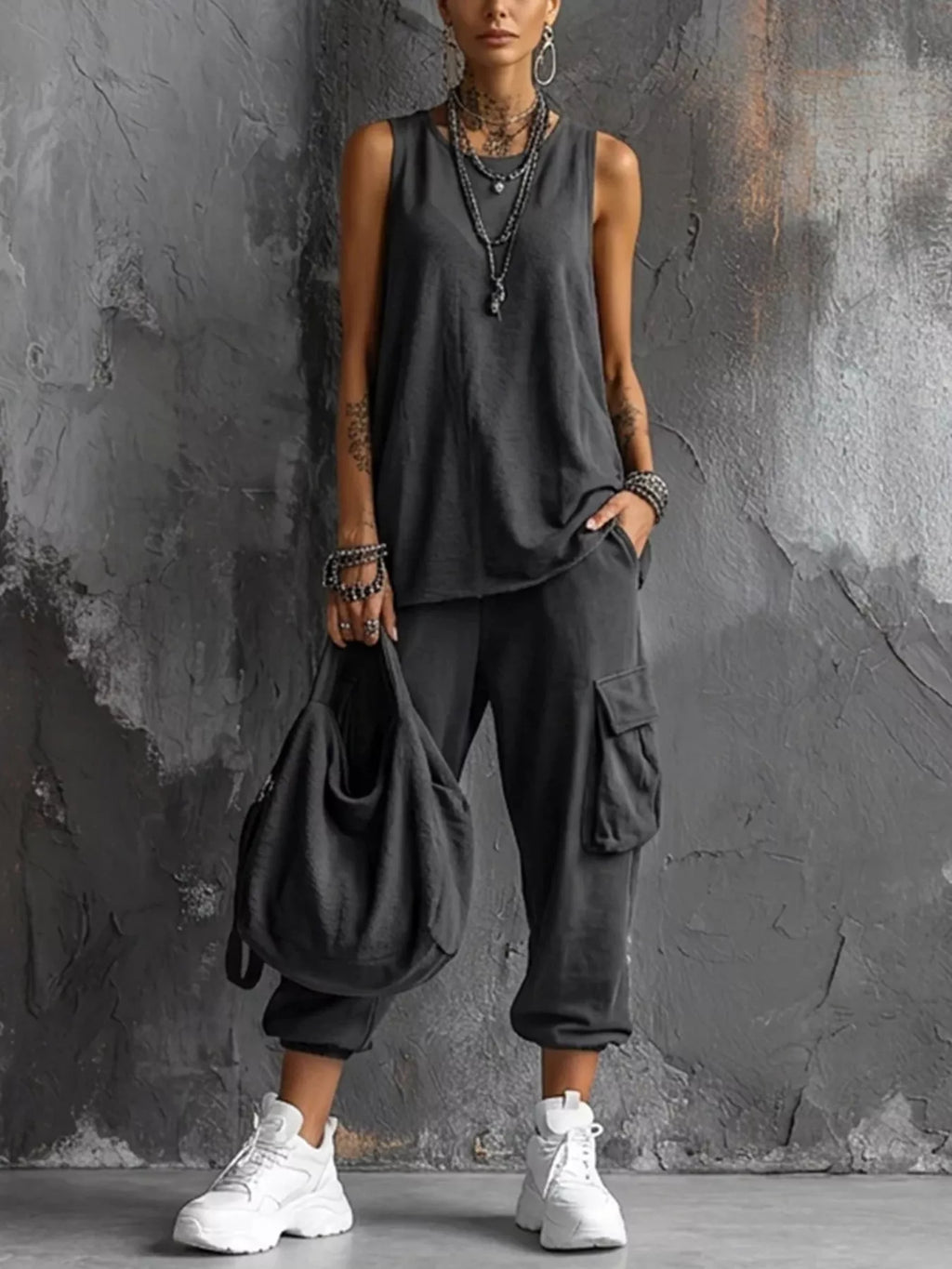 Full Size Casual Tank Cargo Pants Set Plus