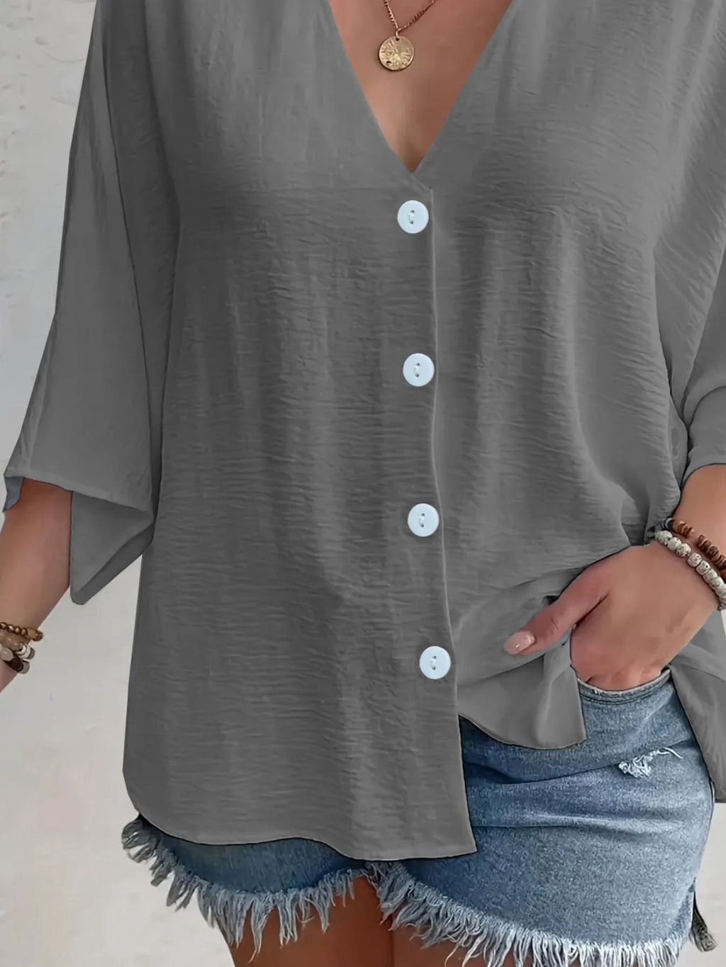 Full Size Casual V-neck Button Down Relaxed Fit Blouse Plus (15)