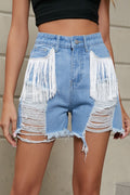 Fringe Trim Distressed Denim Shorts Pockets