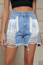 Fringe Trim Distressed Denim Shorts Pockets