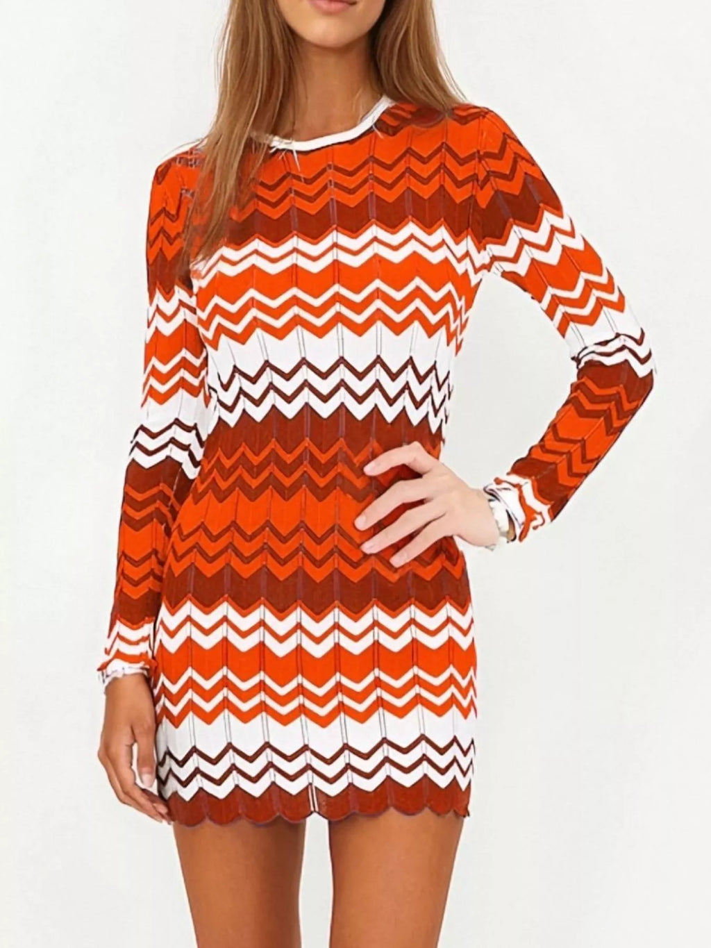 Openwork Wave Pattern Long Sleeve Sweater Dress (13)