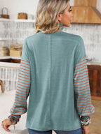 Round Neck Striped Long Sleeve Slit T-shirt (15)