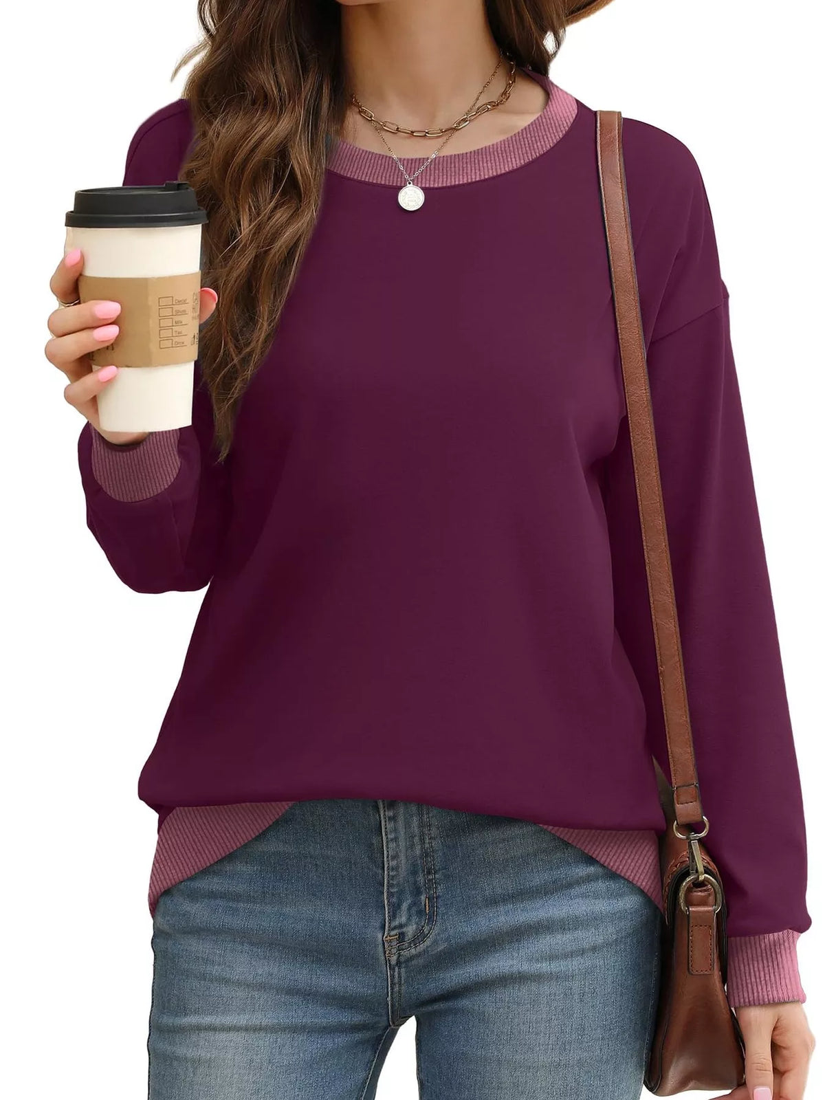 Contrast Trim Crew Neck Casual Sweatshirt (26)