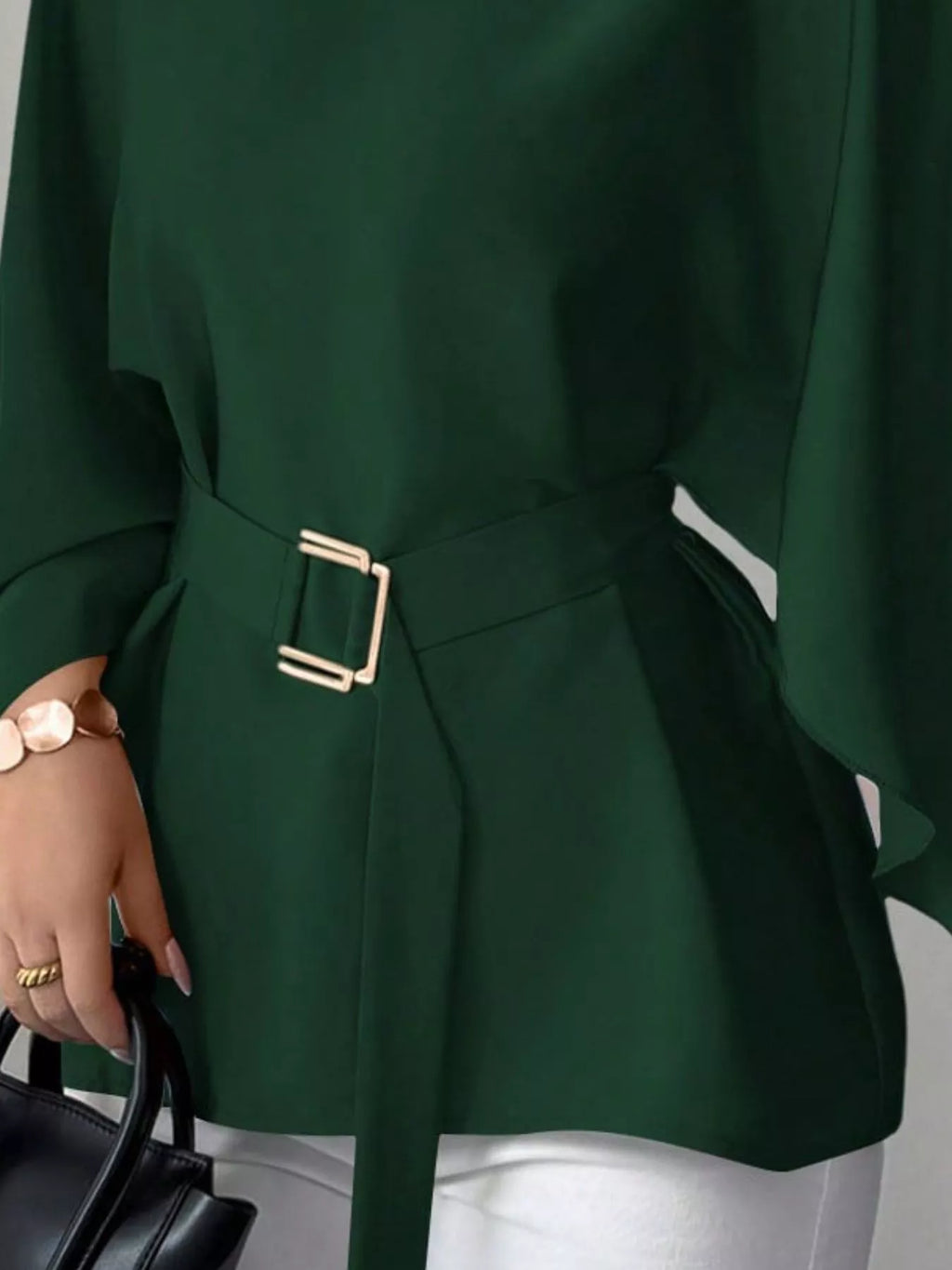 Round Neck Belt Batwing Sleeve Blouse (21)