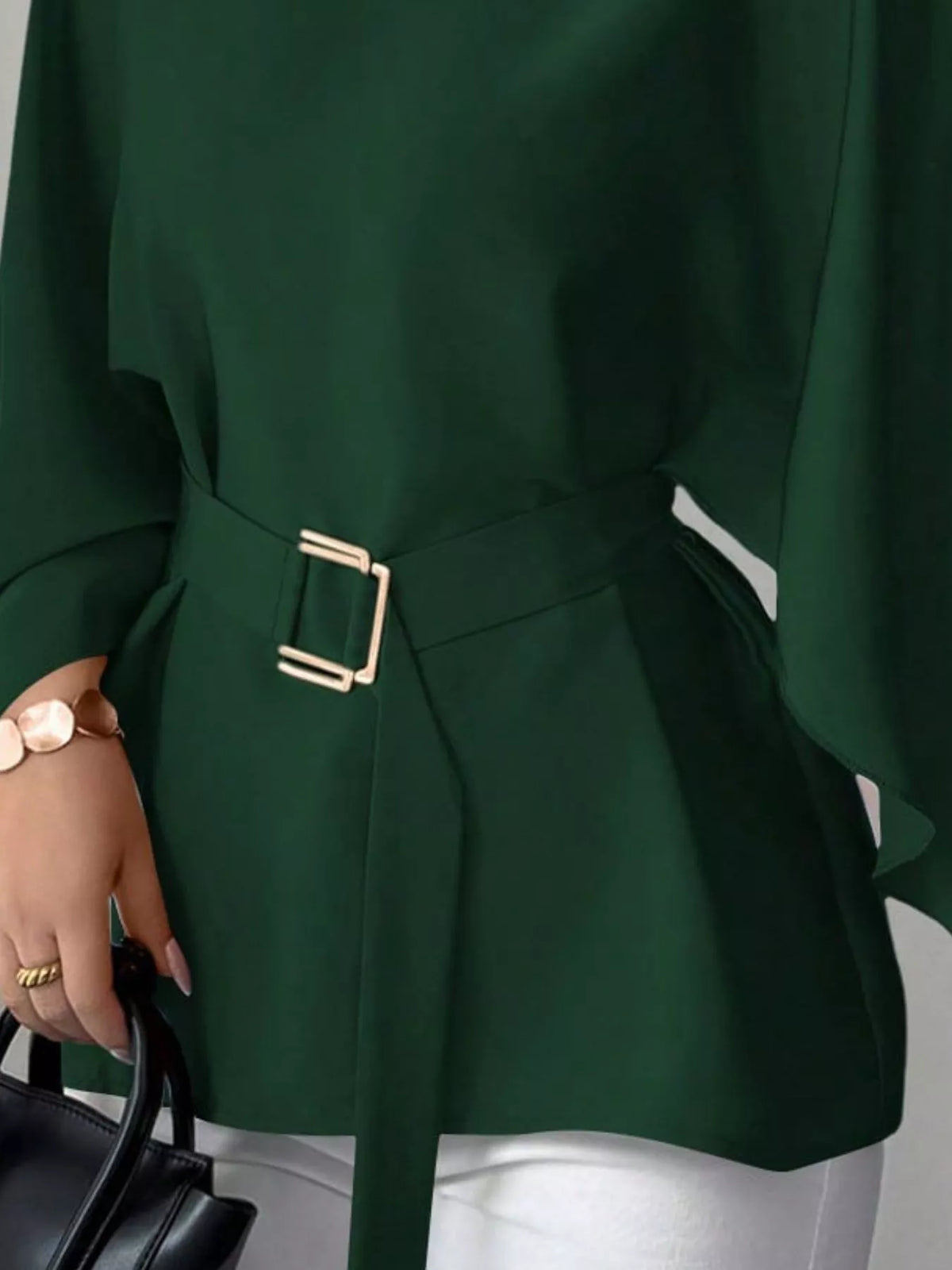 Round Neck Belt Batwing Sleeve Blouse (21)