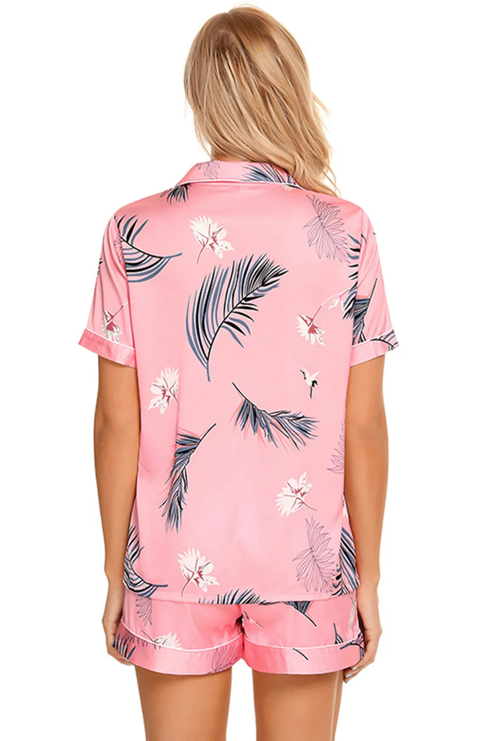 Printed Button Up Short Sleeve Top Shorts Lounge Set (2)