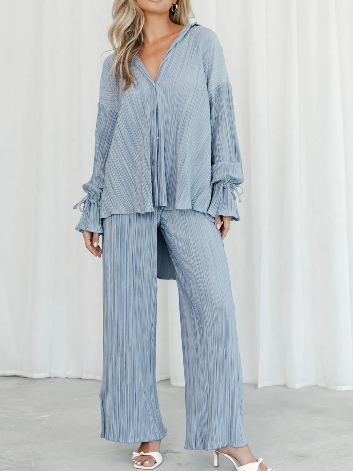 Button Up Long Sleeve Top Pants Set (6)