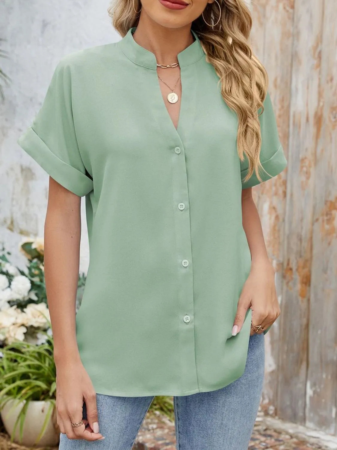 Notched Short Sleeve Blouse (31)