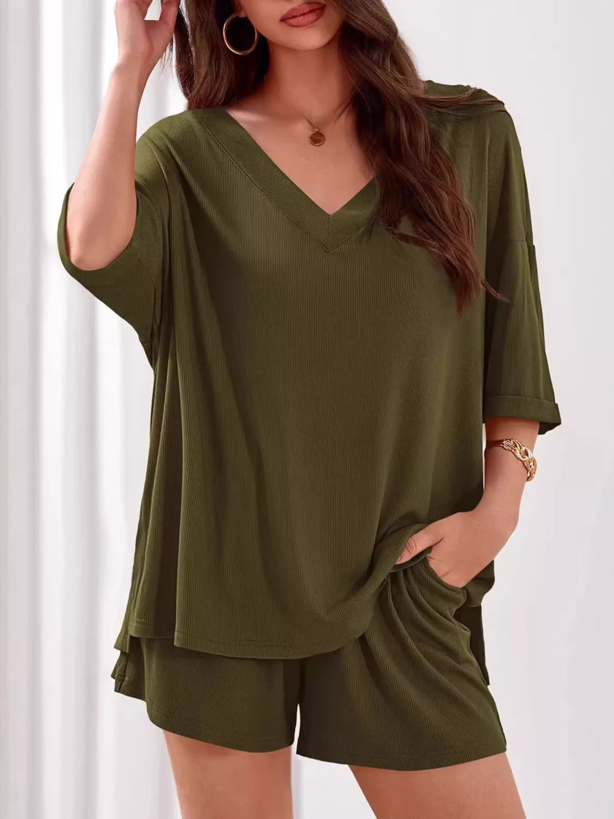 Casual Solid Color V-neck Top Shorts Set (15)