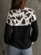 Cow Print Block Waffle Knit Blouse (2)