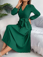Pleated Tied V-neck Long Sleeve Dress (18)