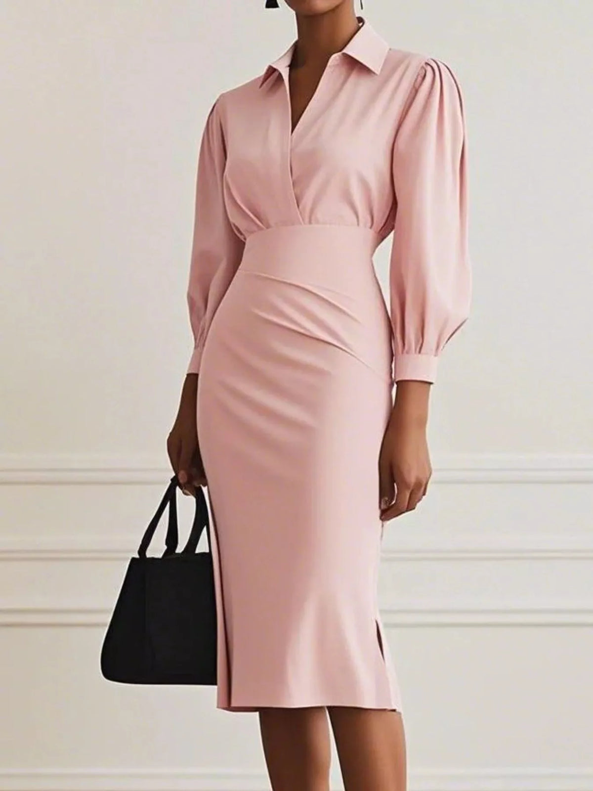 Ruched Midi Shirt Dress Side Slit (11)