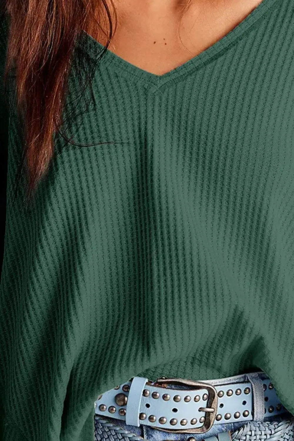 Waffle-knit V-neck Long Sleeve Top (10)