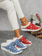 Snowman Print Flat Slippers Faux Fur