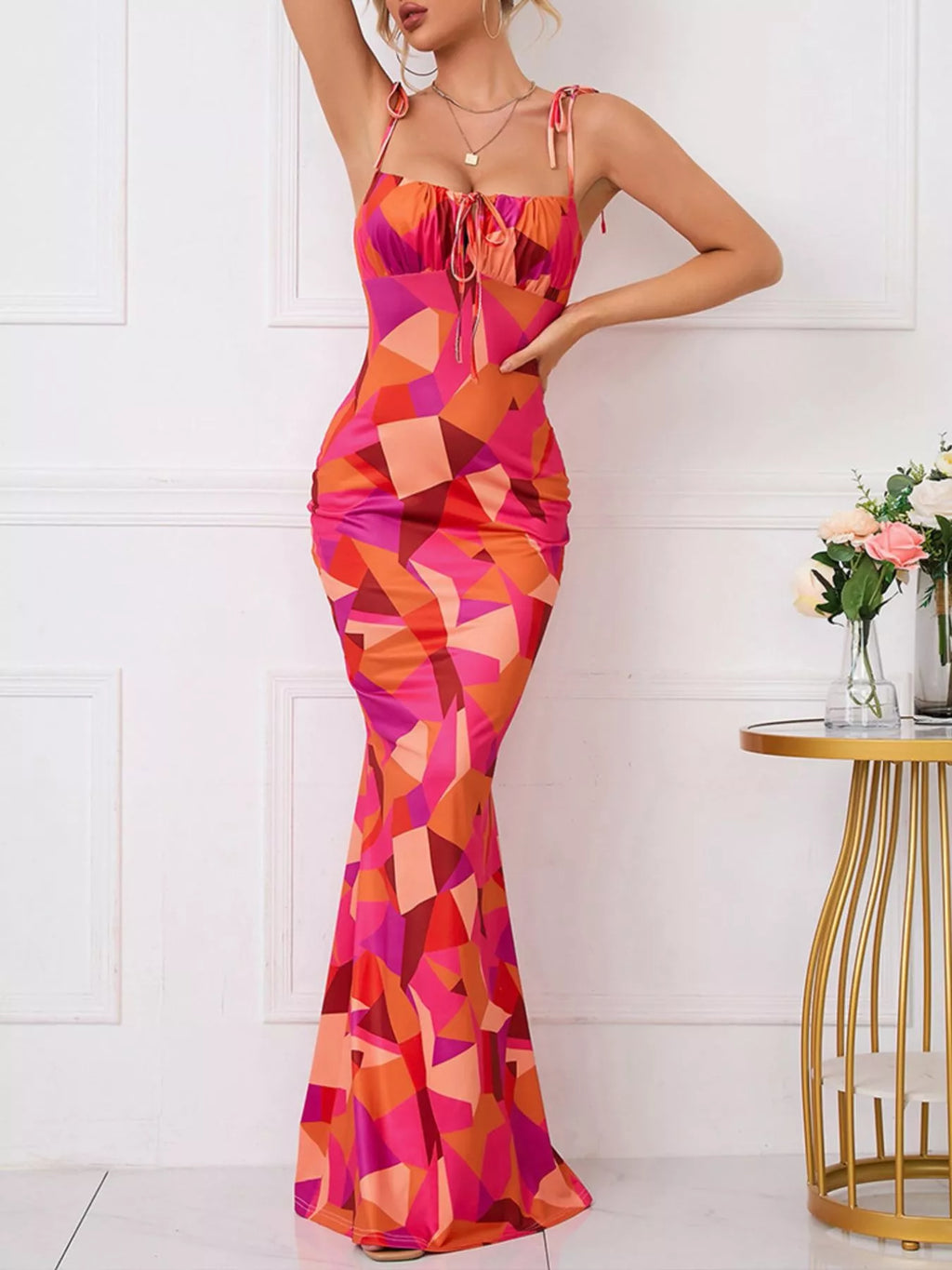 Floral Print Tie Strap Bodycon Maxi Dress (6)