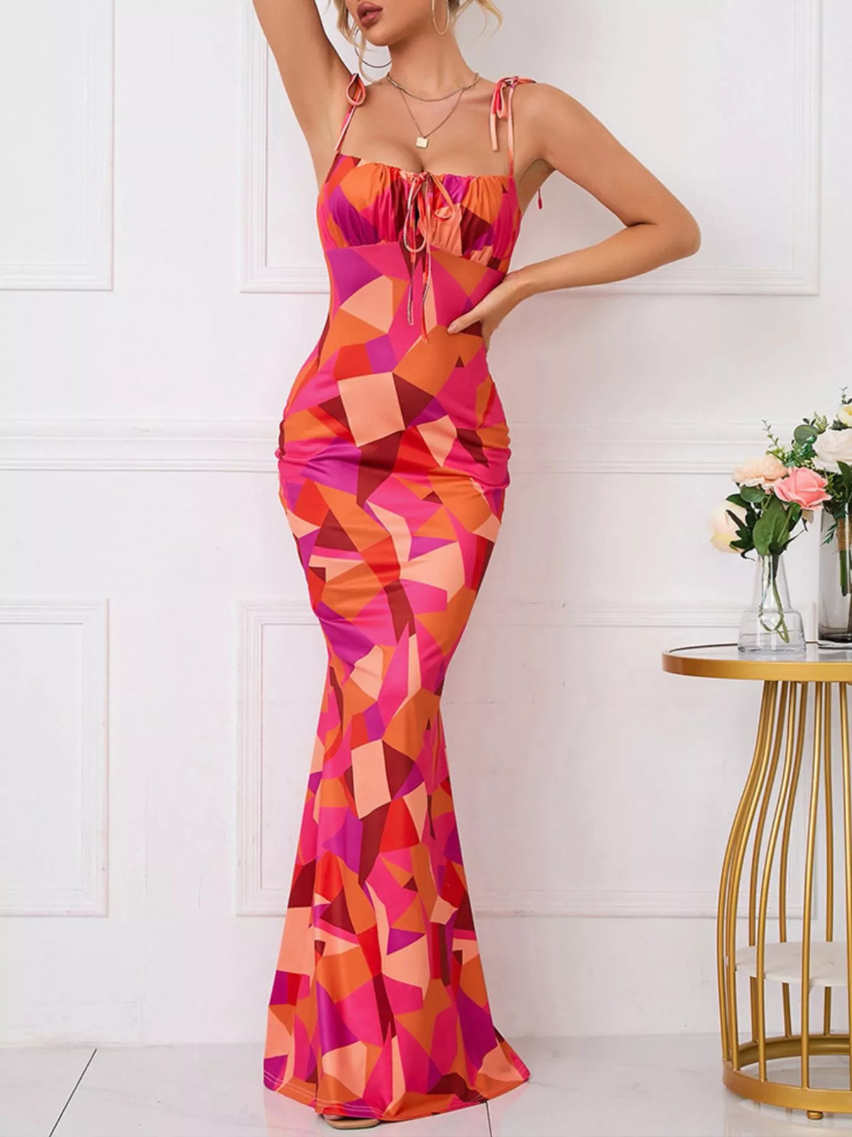 Floral Print Tie Strap Bodycon Maxi Dress (6)