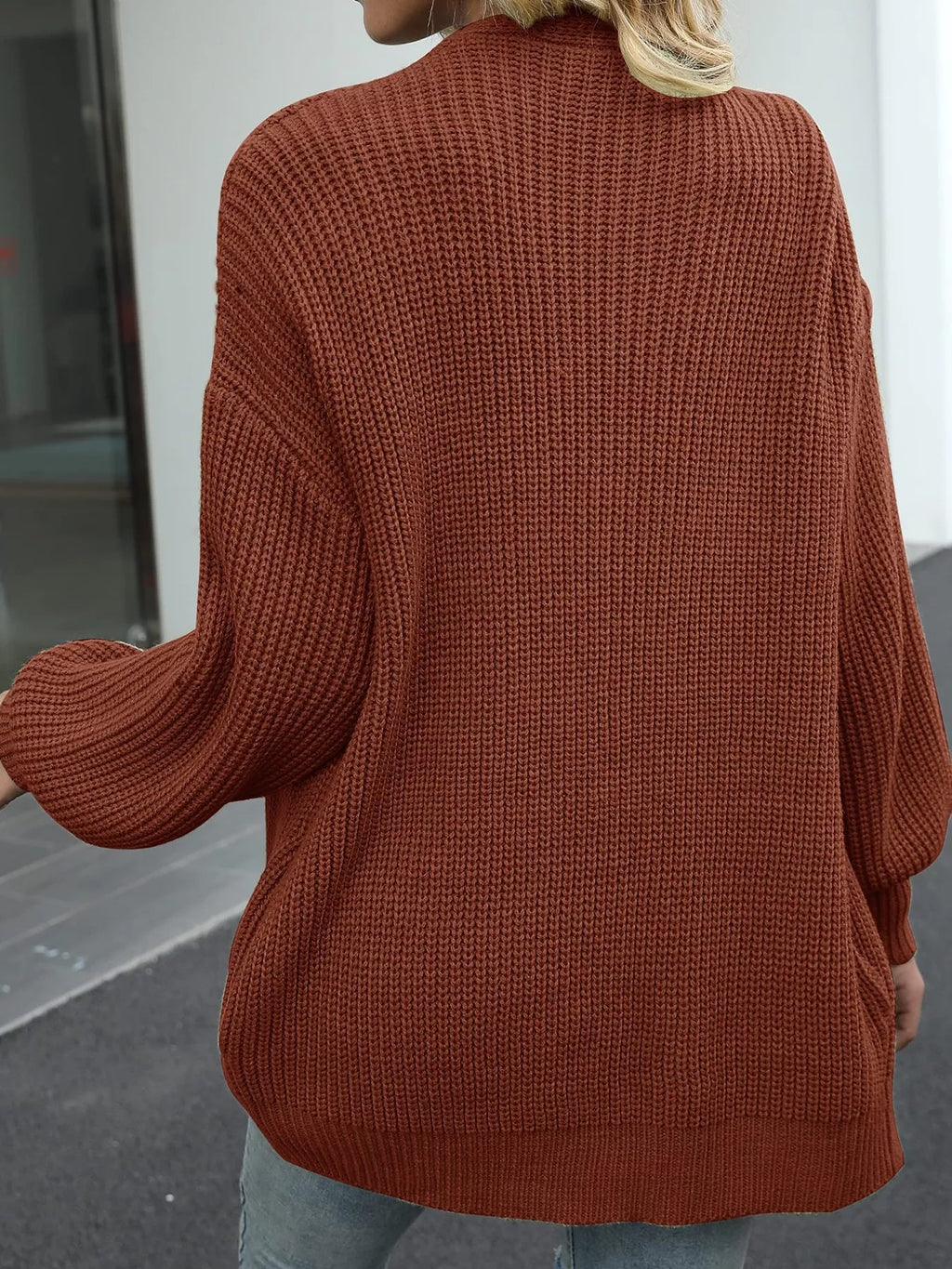 Chunky Knit Open Front Cardigan Lantern Sleeves (11)