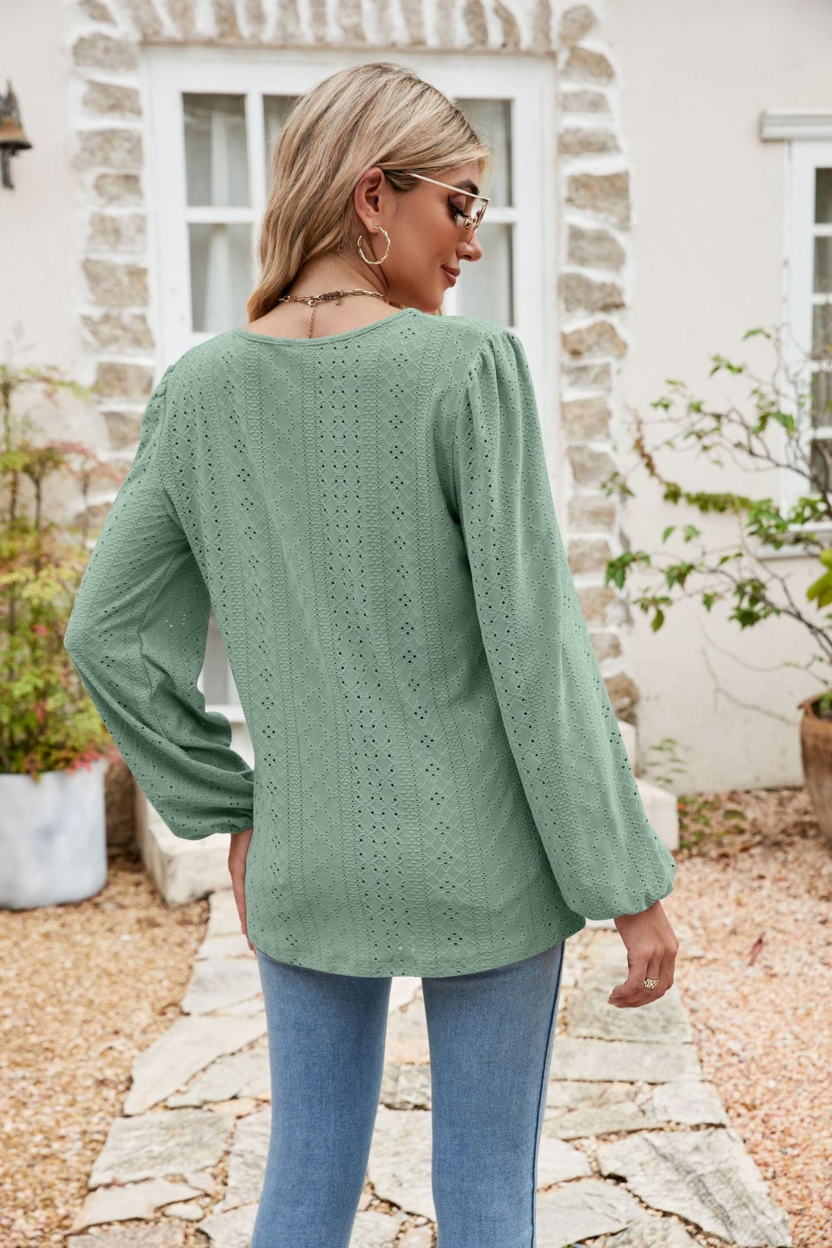 Eyelet Notched Neck Balloon Sleeve Blouse (2)