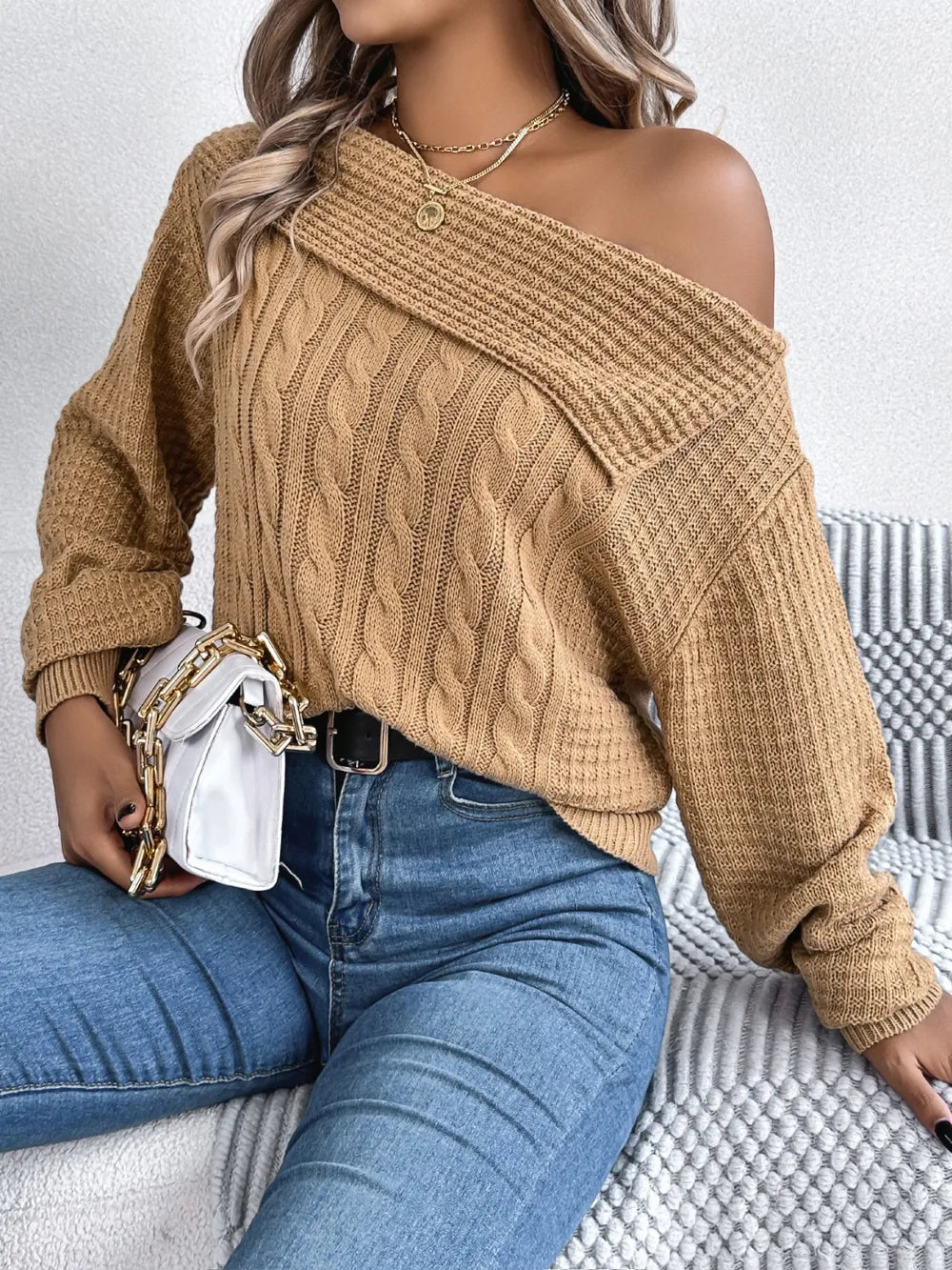 Cable-knit One Shoulder Long Sleeve Sweater (6)