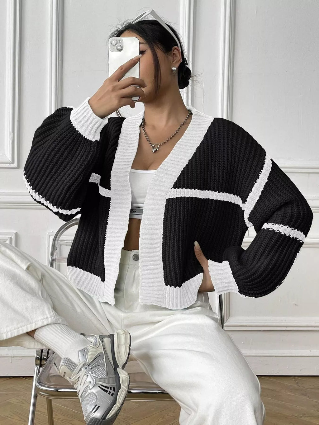 Color-block Ribbed Knit Open-front Cropped Cardigan (21)
