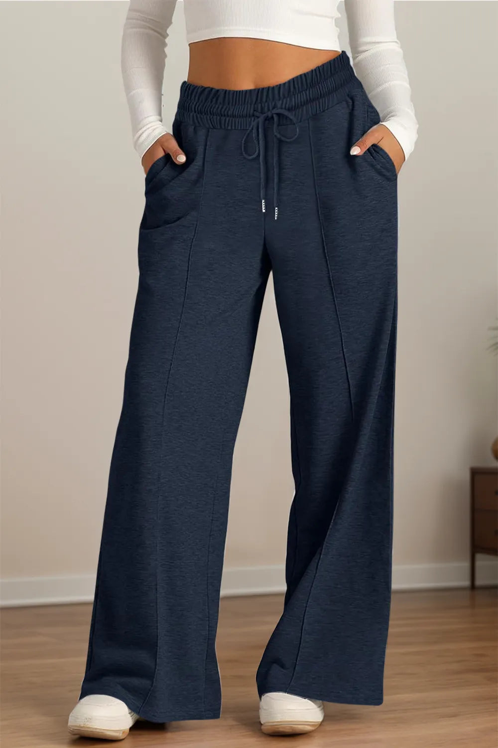 Drawstring Elastic Waist Wide Leg Pants (7)
