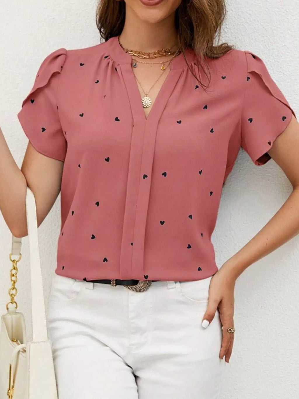 Heart Print Petal Sleeve Blouse (7)