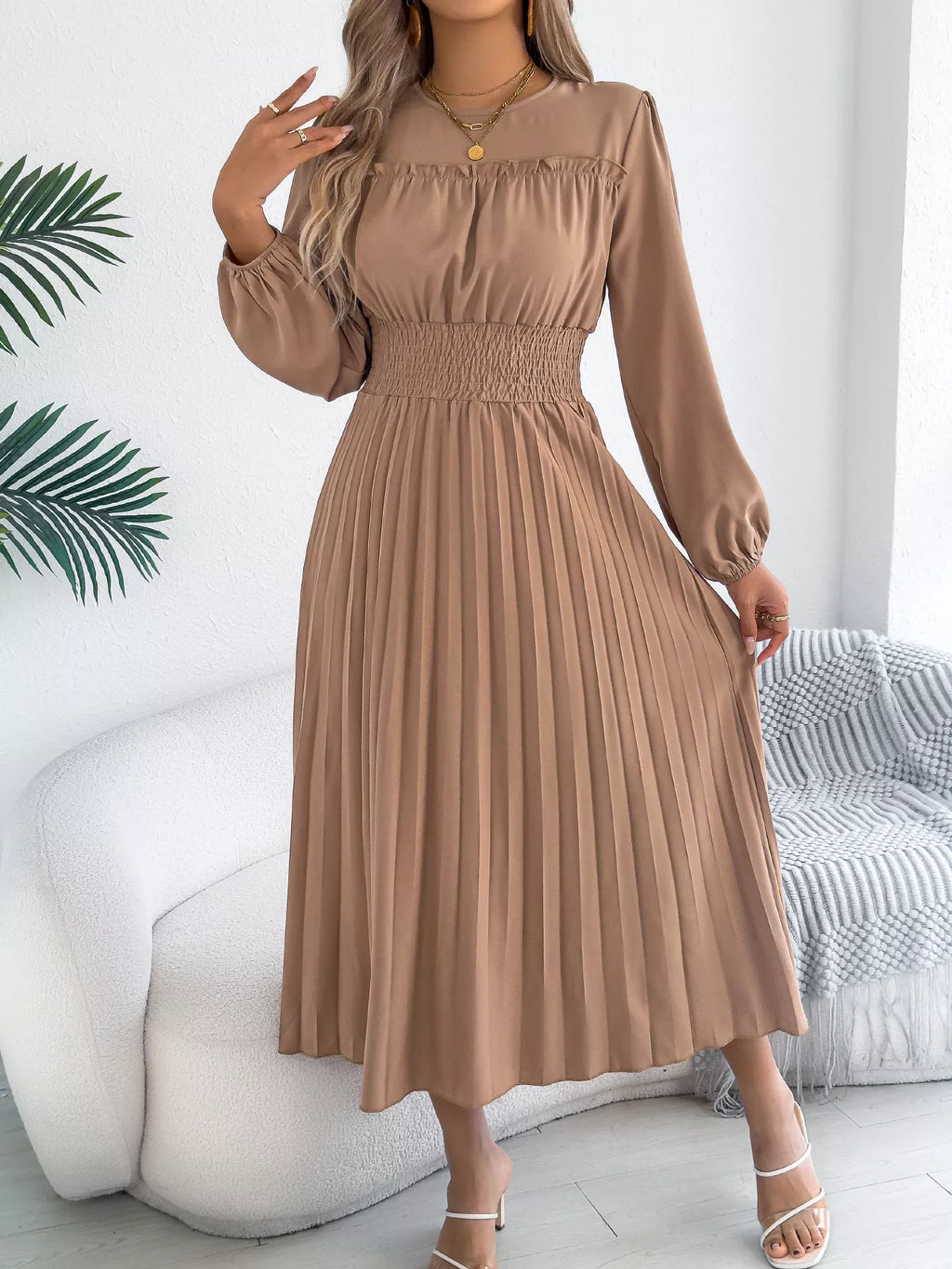 Smocked Pleated Long Sleeve Midi Dress (4)
