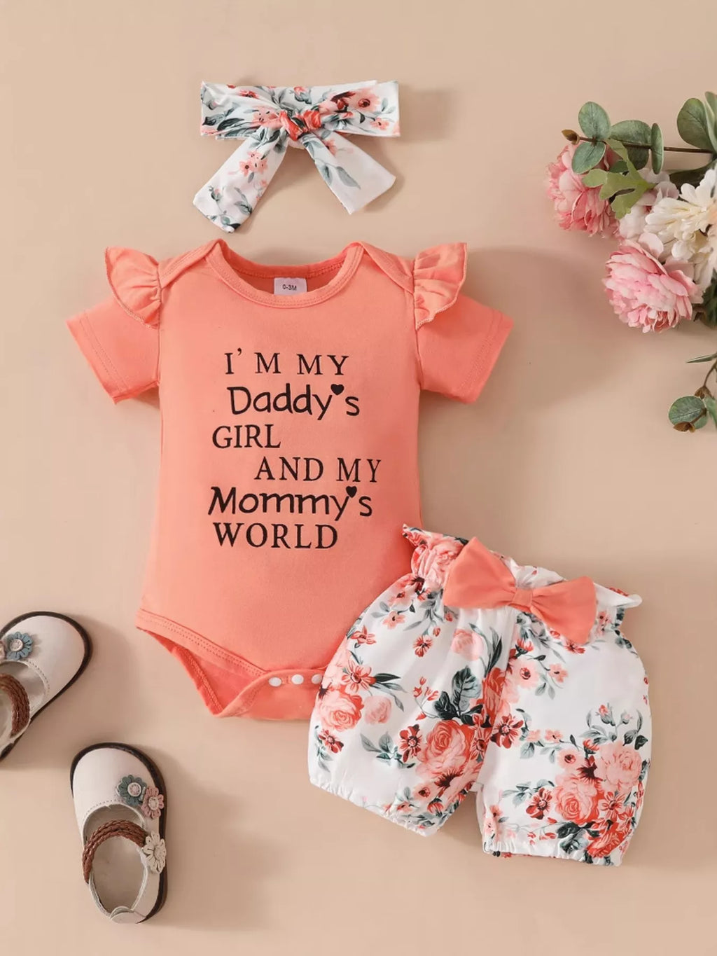 Children's Ruffled Bodysuit Floral Shorts Set Headband