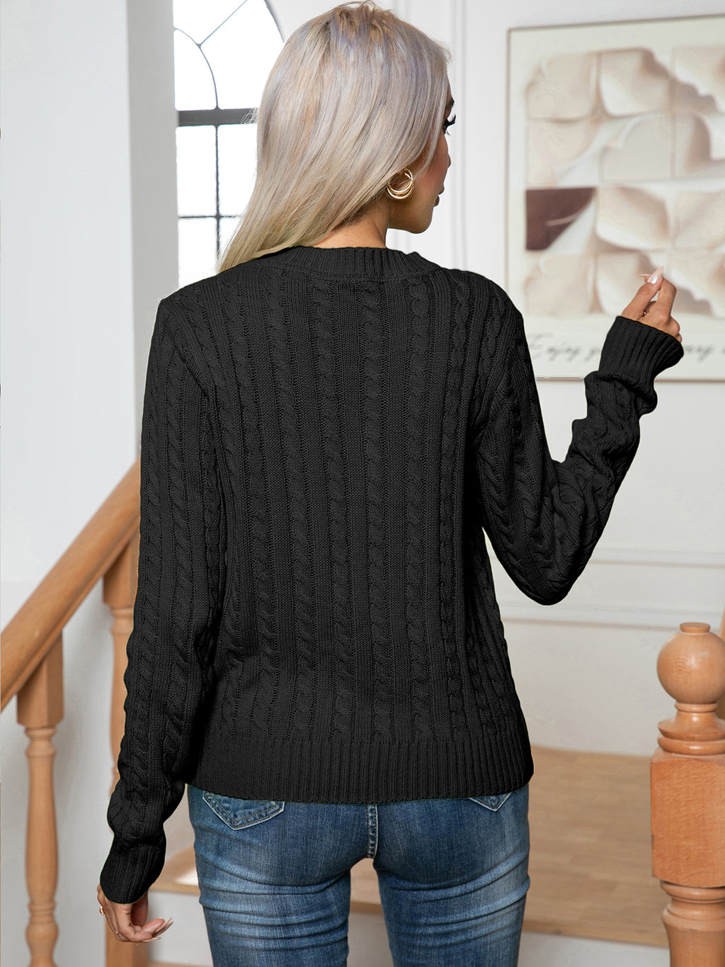 Cable-knit Round Neck Long Sleeve Sweater (6)