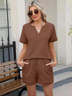 Solid Color Short Sleeve Top Shorts Two-piece Set (18)