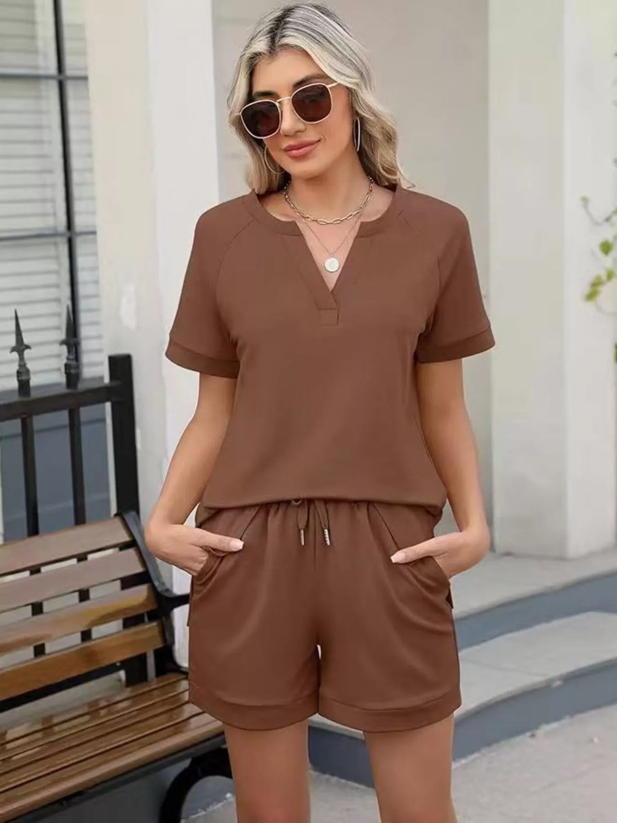 Solid Color Short Sleeve Top Shorts Two-piece Set (18)
