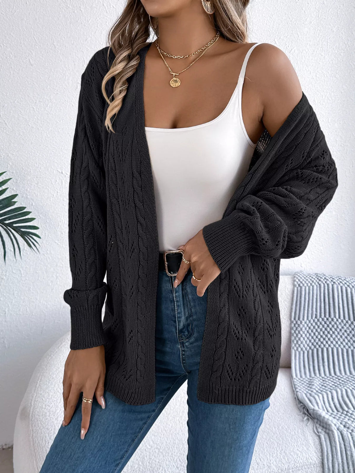Openwork Open Front Long Sleeve Cardigan (4)