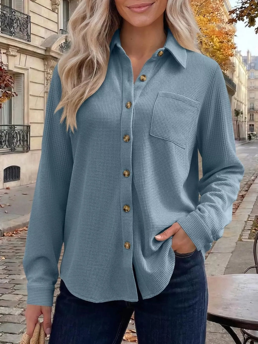 Waffle Knit Button-down Long Sleeve Shirt (4)