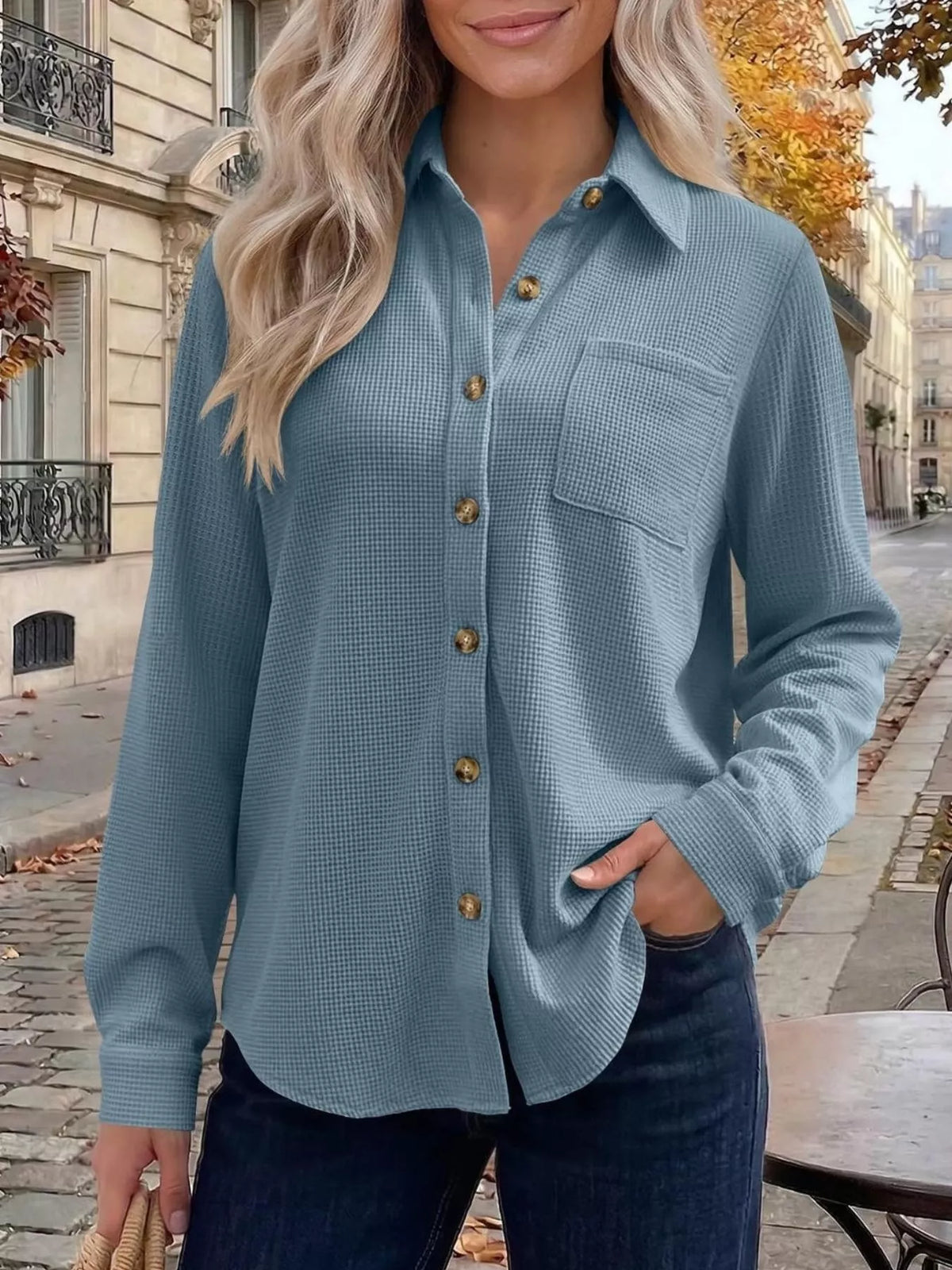 Waffle Knit Button-down Long Sleeve Shirt (4)