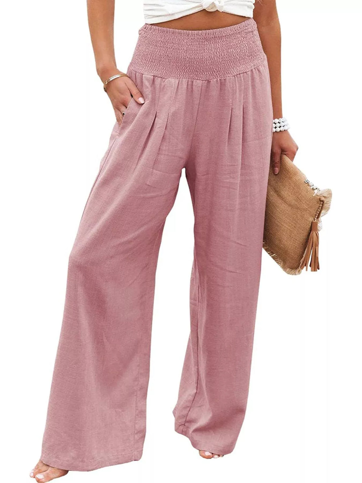 Smocked High Waisted Wide Leg Pants (16)