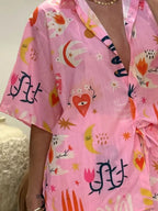 Printed Button Down Shirt Shorts Set (8)