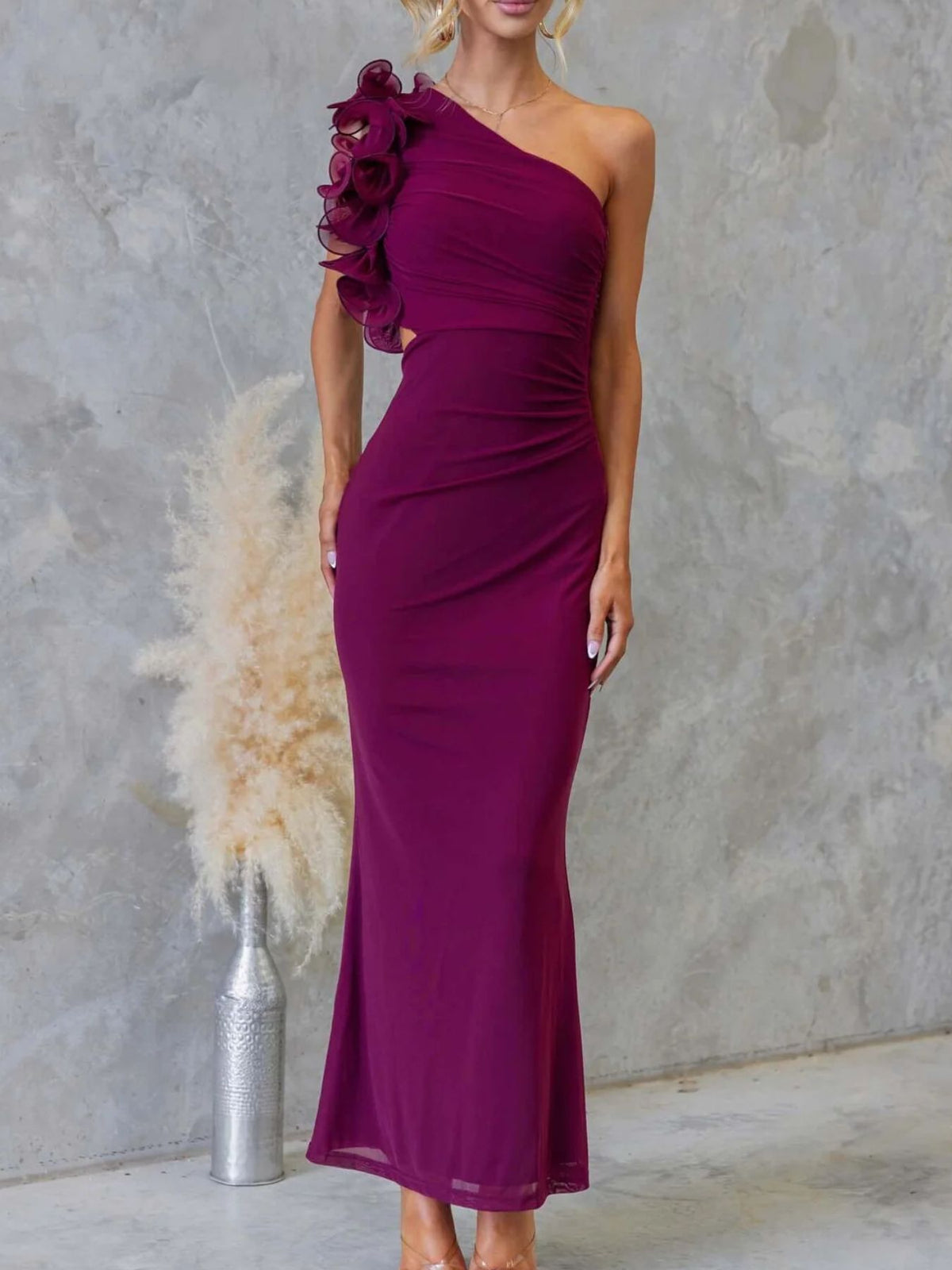 One-shoulder Floral Trim Sleeveless Maxi Dress (34)