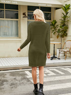 Notched Neck Cable-knit Slit Sweater Dress (13)