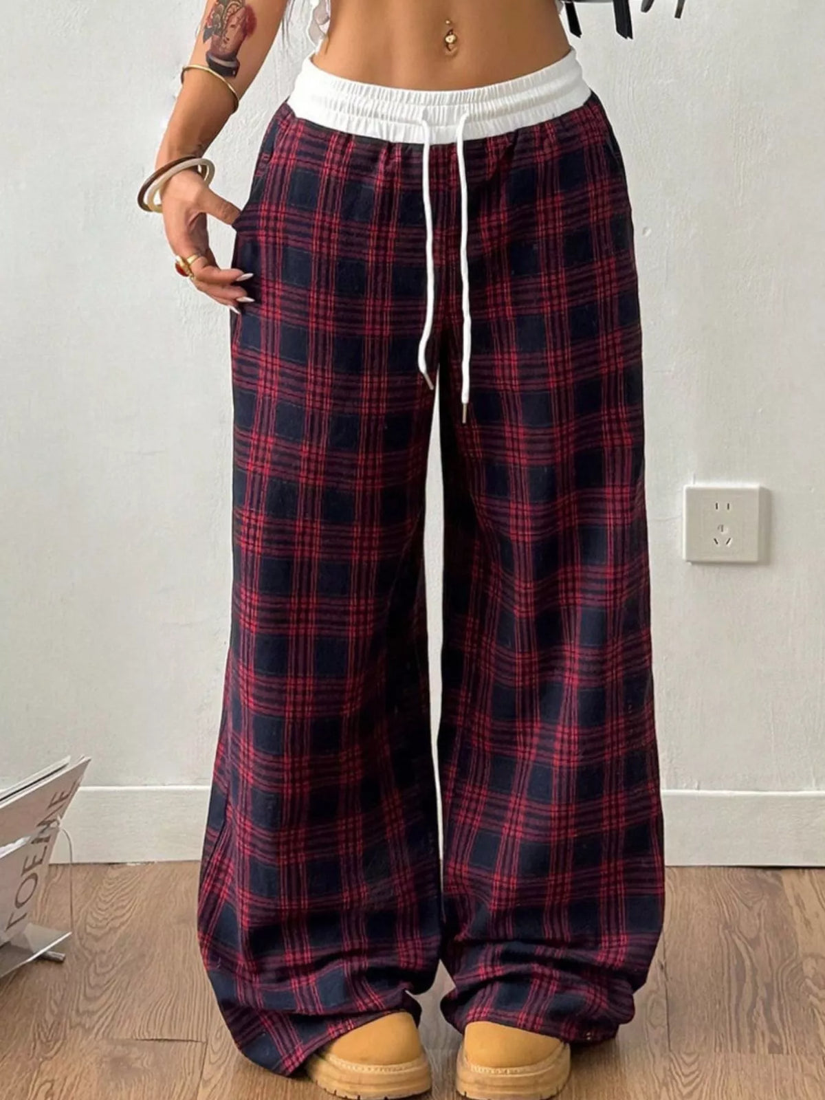 Plaid Wide-leg Pants Elastic Waistband (10)
