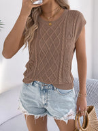 Cable Knit Openwork Cap Sleeve Sweater (7)