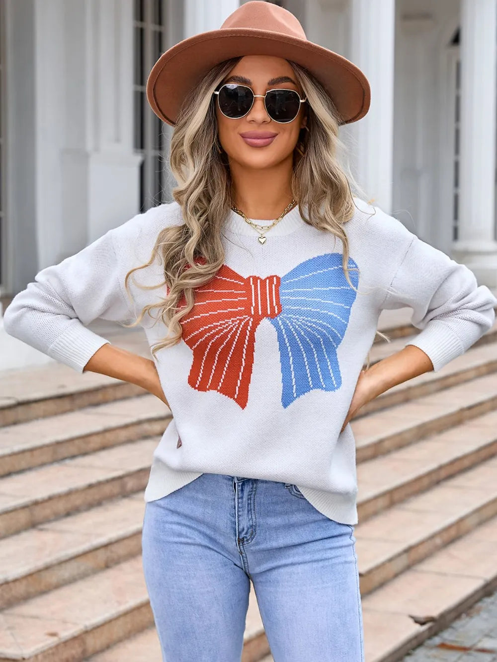 Bow Round Neck Dropped Shoulder Sweater (4)