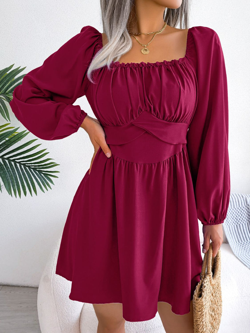 Tied Square Neck Balloon Sleeve Dress (4)