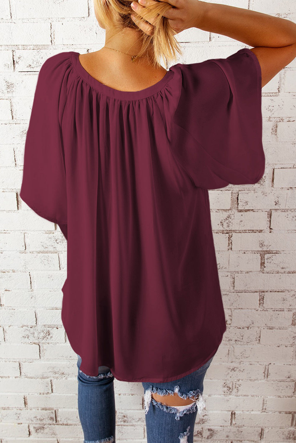 Gathered Detail Notched Neck Flutter Sleeve Top (14)