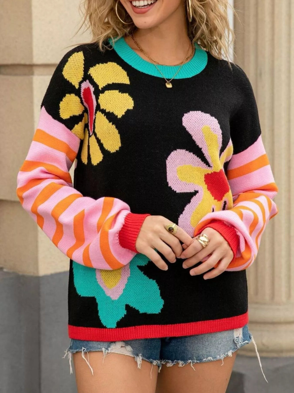 Floral Striped Crew Neck Sweater (9)