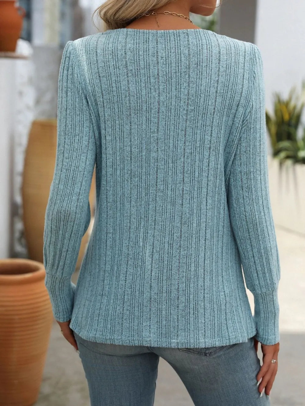 Decorative Button Striped Square Neck Long Sleeve T-shirt (2)