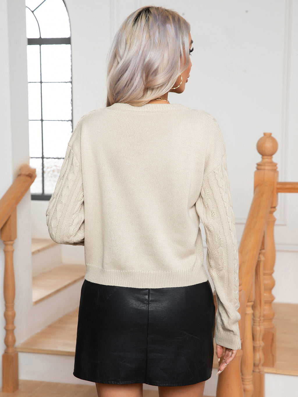Cable-knit Round Neck Long Sleeve Sweater (2)