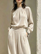 Velvet Mock Neck Long Sleeve Top Wide-leg Pants Set (5)